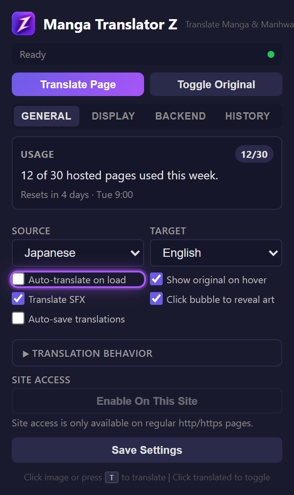 Auto-translate checkbox in the General tab