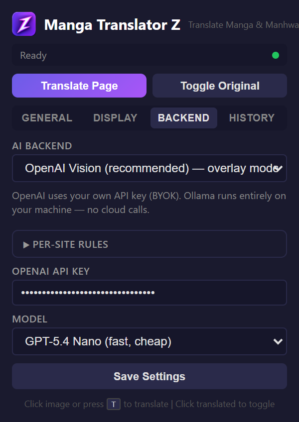 Backend tab with OpenAI Vision selected and API key field