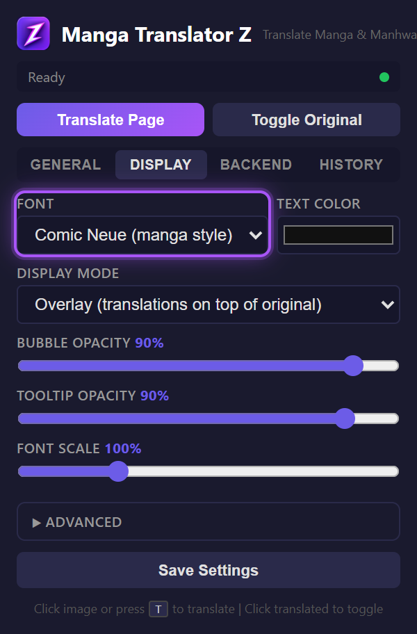 Font selector dropdown in the Display tab