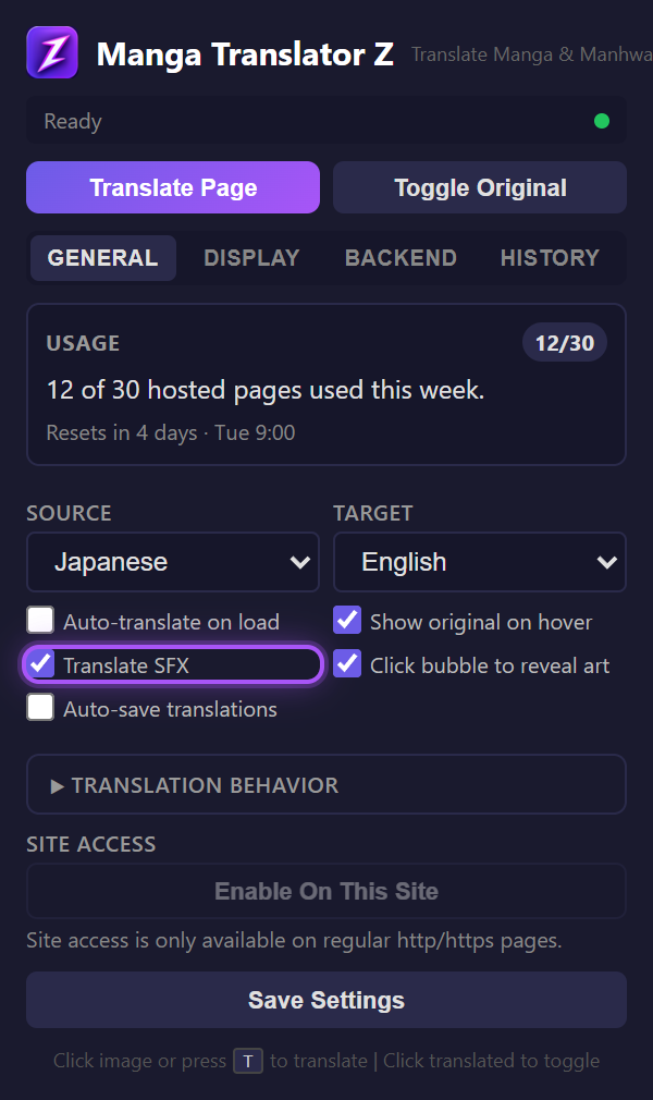 SFX translation toggle in the General tab