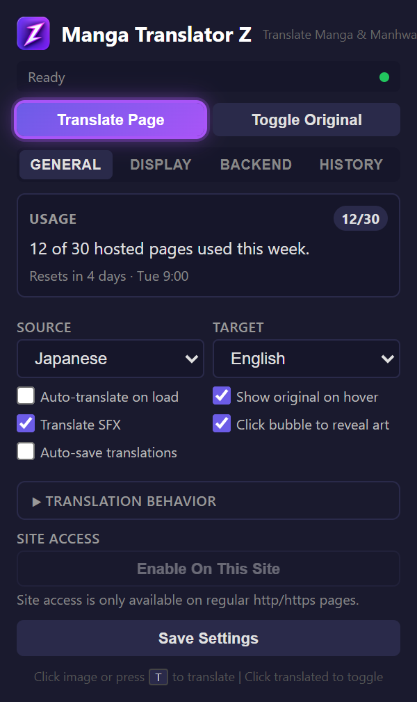 Extension popup with the Translate Page button highlighted